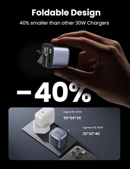 UGREEN 25114 USB C Charger Plug 30W Nexode PD 3.0 Foldable GaN Charger with 1m USB C Cable Compatible with iPhone 16/15/15 Pro Max/15 Pro/14/13 Series, iPad Pro/Air, Galaxy S24/S23, Pixel 9/8/7/6, etc