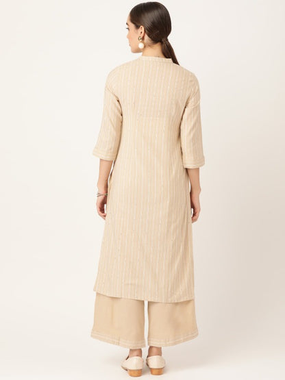 Women Beige Cotton Striped Kurta with Palazzos