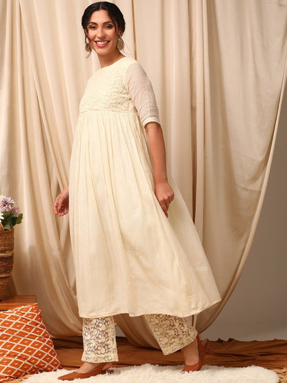 Floral Embroidered Pleated Anarkali Kurta with Trousers