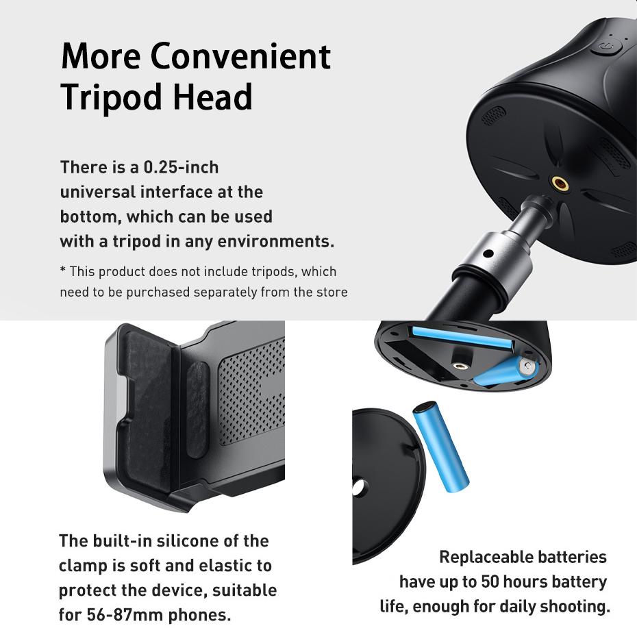 Baseus 360 Degree Rotation Following Shot Tripod Head with Phone Clamp for Smartphones, GoPro, DSLR Cameras