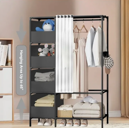 Portable 3-Door Collapsible Fabric Clothes Rack: Movable Zip-up Wardrobe Storage Organiser