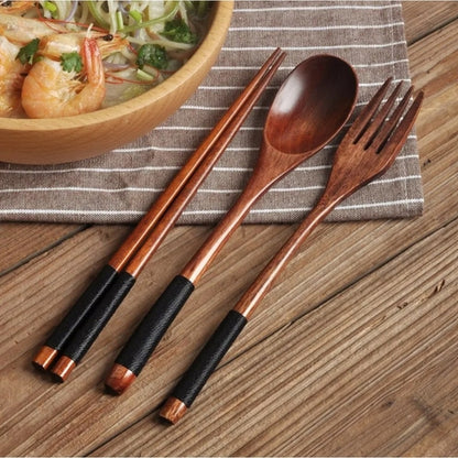 Japanese-Style Wooden Spoon, Fork & Chopsticks 3-Piece Set – Long Handle Solid Wood Portable Cutlery