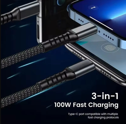 3-In-1 100W Fast Charging Cable – USB-C, Micro USB & LED Indicator
