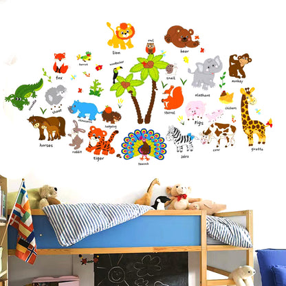 Animal with Names Tree Cartoon Animals Theme Kids Wall Art Decal Sticker Decoration for Living Room Nursery Baby Girl Boy Kid Children's Room Bedroom Decoration