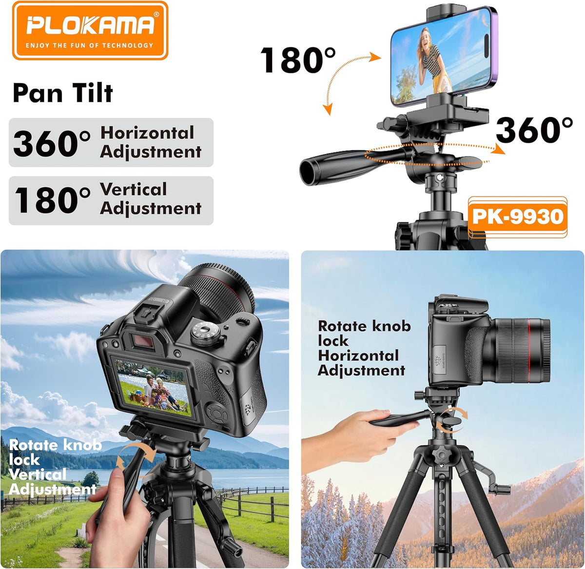 Plokama PK-9930 – 150CM Tall, 360° Rotating Tripod with Bluetooth Remote, Phone Holder & Carry Bag