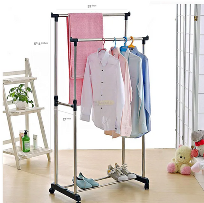 Double Pole Telescopic Clothes Hanger with Wheels | Rolling Steel Garment Drying Rack