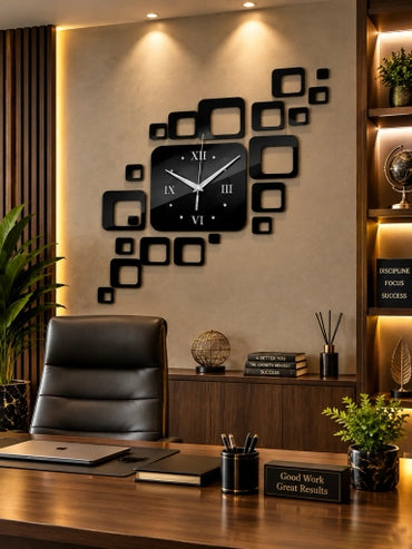 Fashion 3D DIY Novelty Modern Design Square Shape Sticker Acrylic Mirror Wall Clock -Black