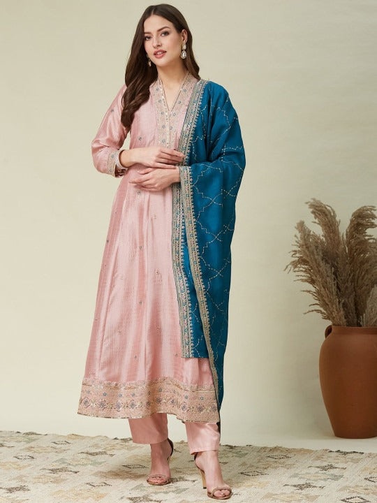 Women Silk Embroidered Anarkali Kurta and Pant with Dupatta Set