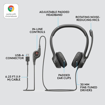 Logitech H390 Wired Headset for PC/Laptop, Stereo Headphones with Noise Cancelling Microphone, USB-A, in-Line Controls for Video Meetings, Music, Gaming and Beyond