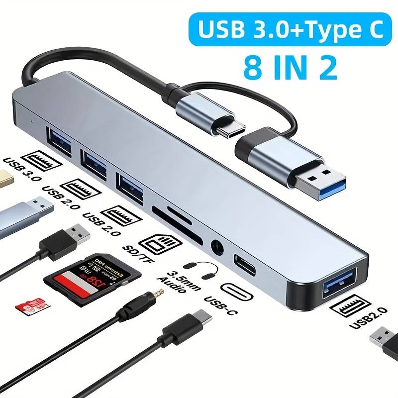 8 In 2 USB +Type C HUB Docking Station with 3.5Mm Audio Jack Adapter Micro SD Card Reader Laptop Tab