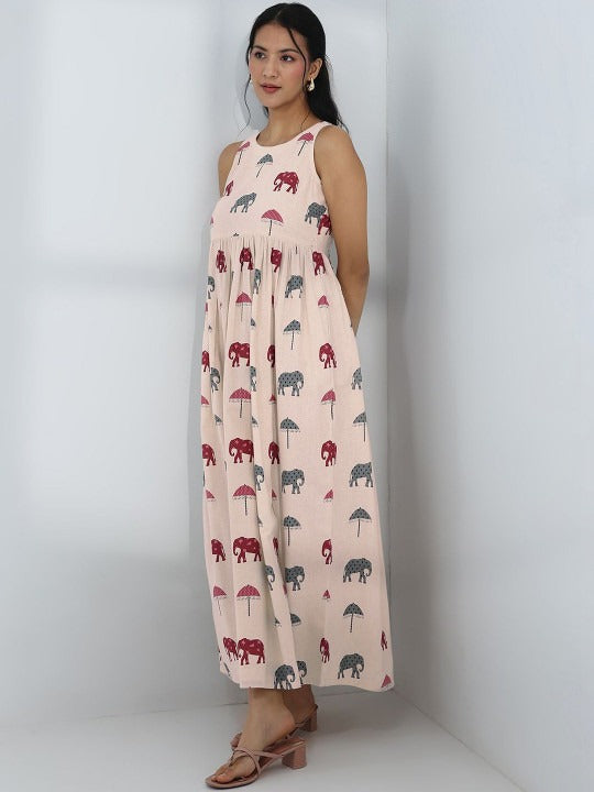Off White Elephant Printed a-Line Cotton One-Piece Dress