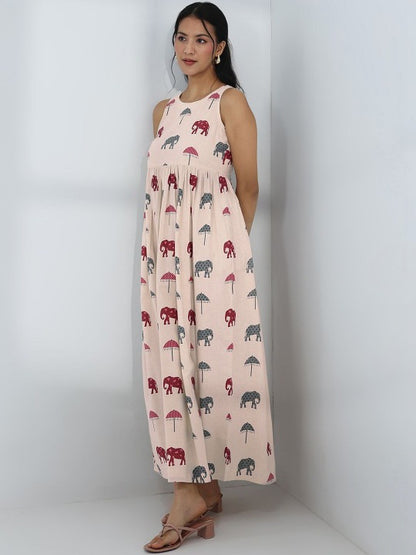 Off White Elephant Printed a-Line Cotton One-Piece Dress