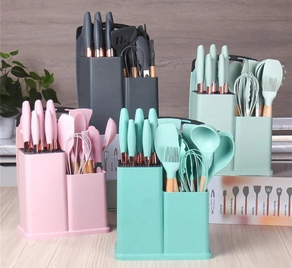 19PCS Silicone Kitchen Utensils Set Non-Stick Cookware Spatula Wooden Handle SMT