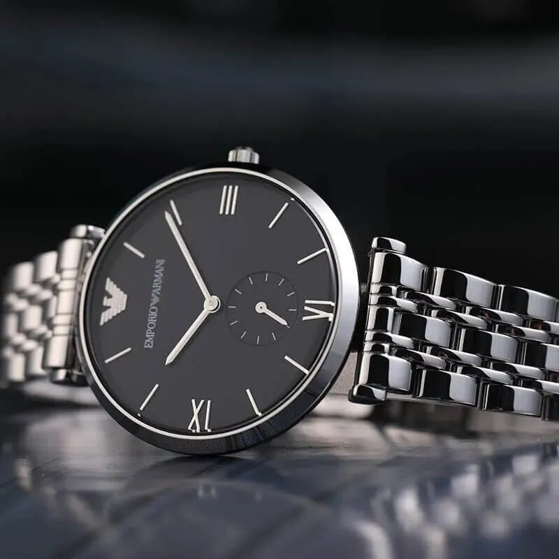 Emporio Armani Retro Black Dial Silver Steel Strap Watch for Women
