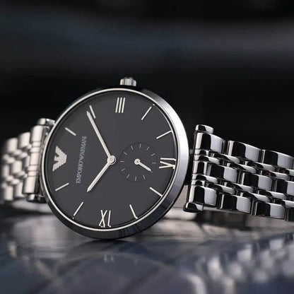 Emporio Armani Retro Black Dial Silver Steel Strap Watch for Women