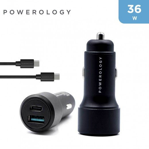 100% Genuine Powerology 36W Car Charger PD + QC3.0 With USB-C To USB-C Cable