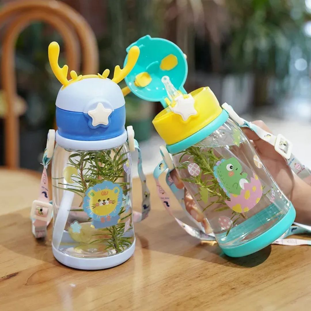 600Ml Kids Antler Cartoon Sippy Cup with Straw – Leakproof Water Bottle for Children