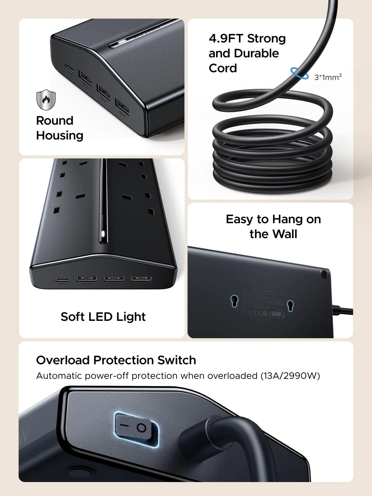 UGREEN 55318 Extension Cord Lead 1.5M, 6 Way Power Strip with 3 USB-A & 1 USB-C | 20W PD Fast Charging, 2990W Max with Master Power Switch, 15° Angled UK Plug for Home, Office, Desk & Bedroom