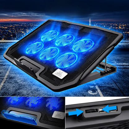 H9/P9 Laptop Cooling Pad – 6 Fans, Adjustable Stand, Dual USB Ports & LED Backlight for Notebook