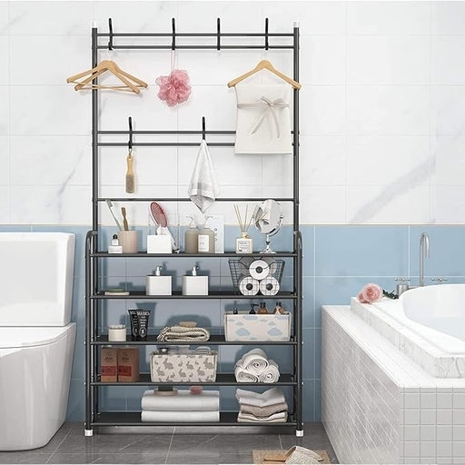 5-Tier Metal Clothes Hanger with Shoe Rack and Hooks, Multifunctional Storage Organizer