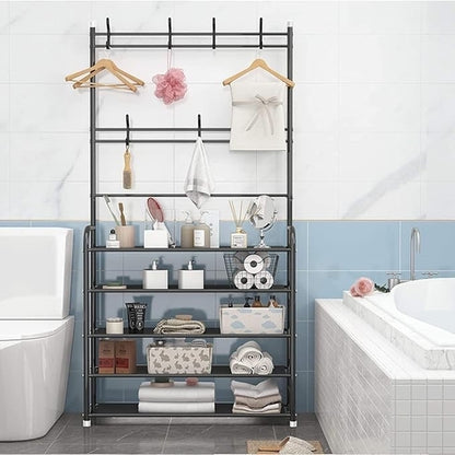 5-Tier Metal Clothes Hanger with Shoe Rack and Hooks, Multifunctional Storage Organizer