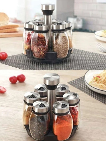 Seven Piece Spice Jar Set with Glass Organizer and Rotating Rack Ideal for Seasoning