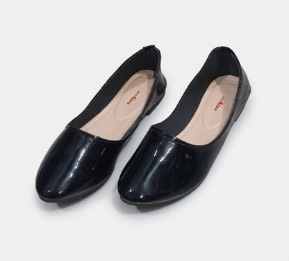 Girls Flat Black Shining Court Shoes