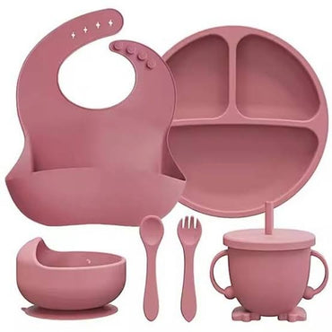 Baby Feeding Set 6Pcs Panda Silicone Baby Plate Infant Silicon Bib Suction Bowl Cup Spoon Forks Set