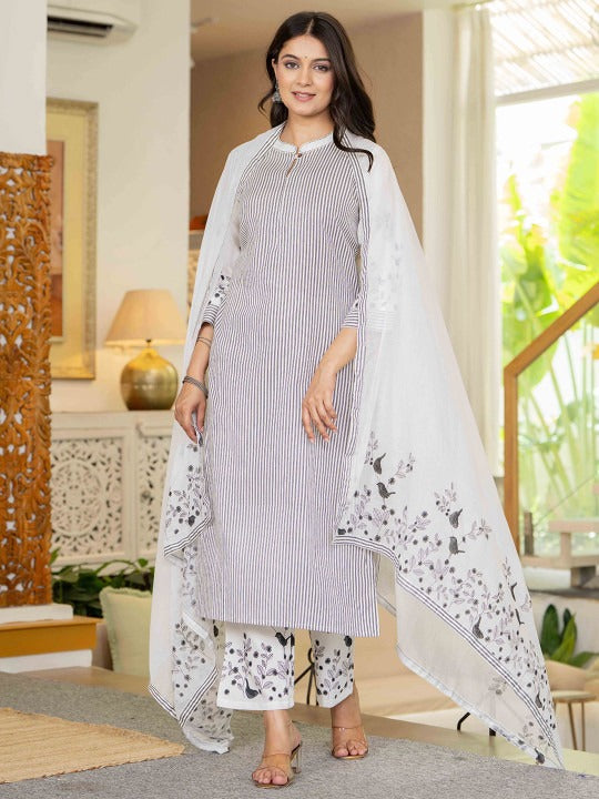Women Striped Regular Pure Cotton Kurta with Trousers & Dupatta
