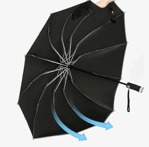 Heavy-Duty Folding Umbrella with Torch and Button Control, Built-in LED Light for Night Visibility