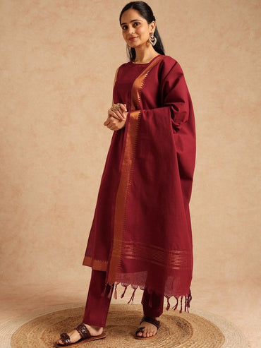 Women Regular Pure Cotton Kurta with Trousers & with Dupatta