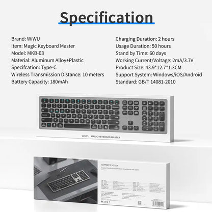 WiWU Magic keyboard Aluminum alloy High sensitive wireless Rechargeable keyboard 110 keys