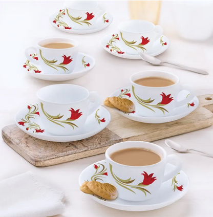 Indian Red Lily Tea Cup & Saucers 140 ML Set Of 6