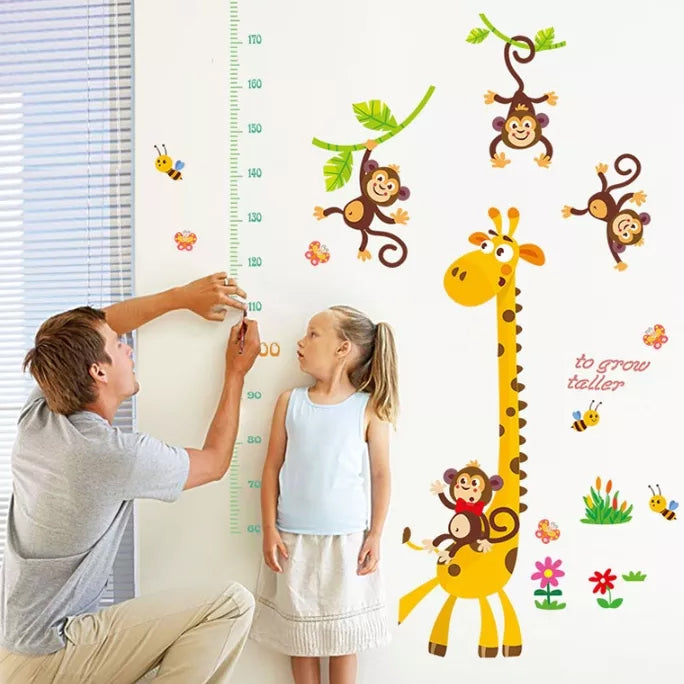 Two Giraffe with Monkeys Height Measuring growing kids measurement chart cartoon animals tree bridge baby children bedroom room wall decoration wall stickers removable kids nursery decal sticker