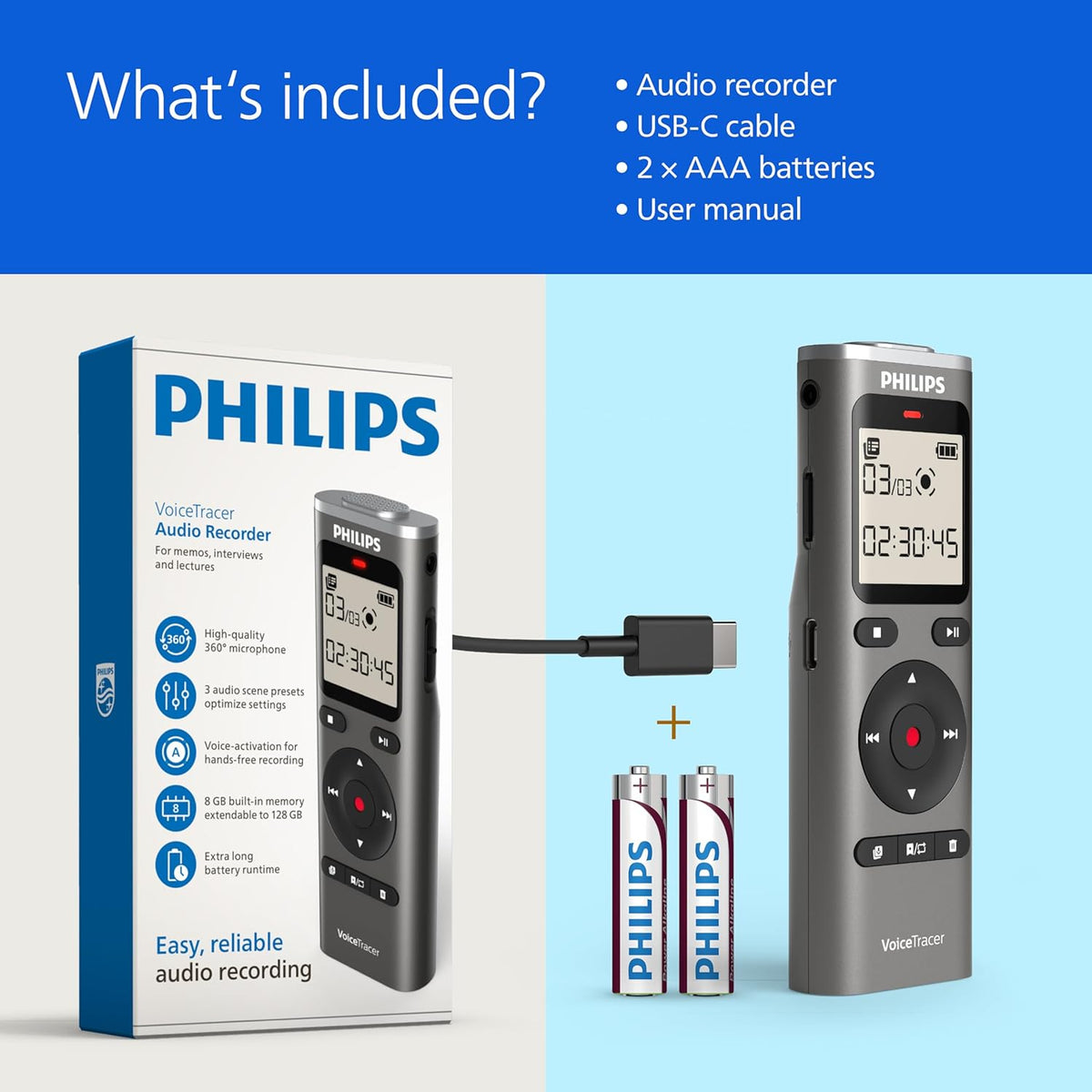 Philips DVT1170 VoiceTracer, Audio Recorder, 8GB, Micro SD Card Slot, 360° Microphone for Excellent Sound Voice Recorder