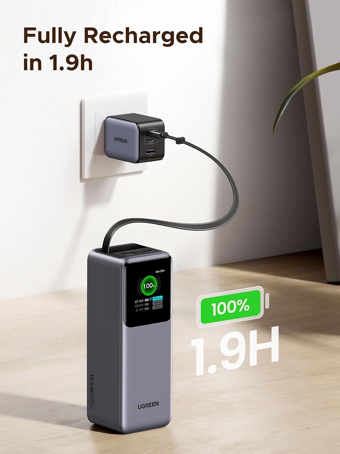 UGREEN 55987B Nexode Power Bank 20000mAh 165W with Built-in USB C Cable Laptop Travel Portable Charger, 100W Input, Fast Charging for MacBook Pro/Air/iPhone 17/16/iPad Pro/Galaxy S26 Ultra/Dell/HP and More
