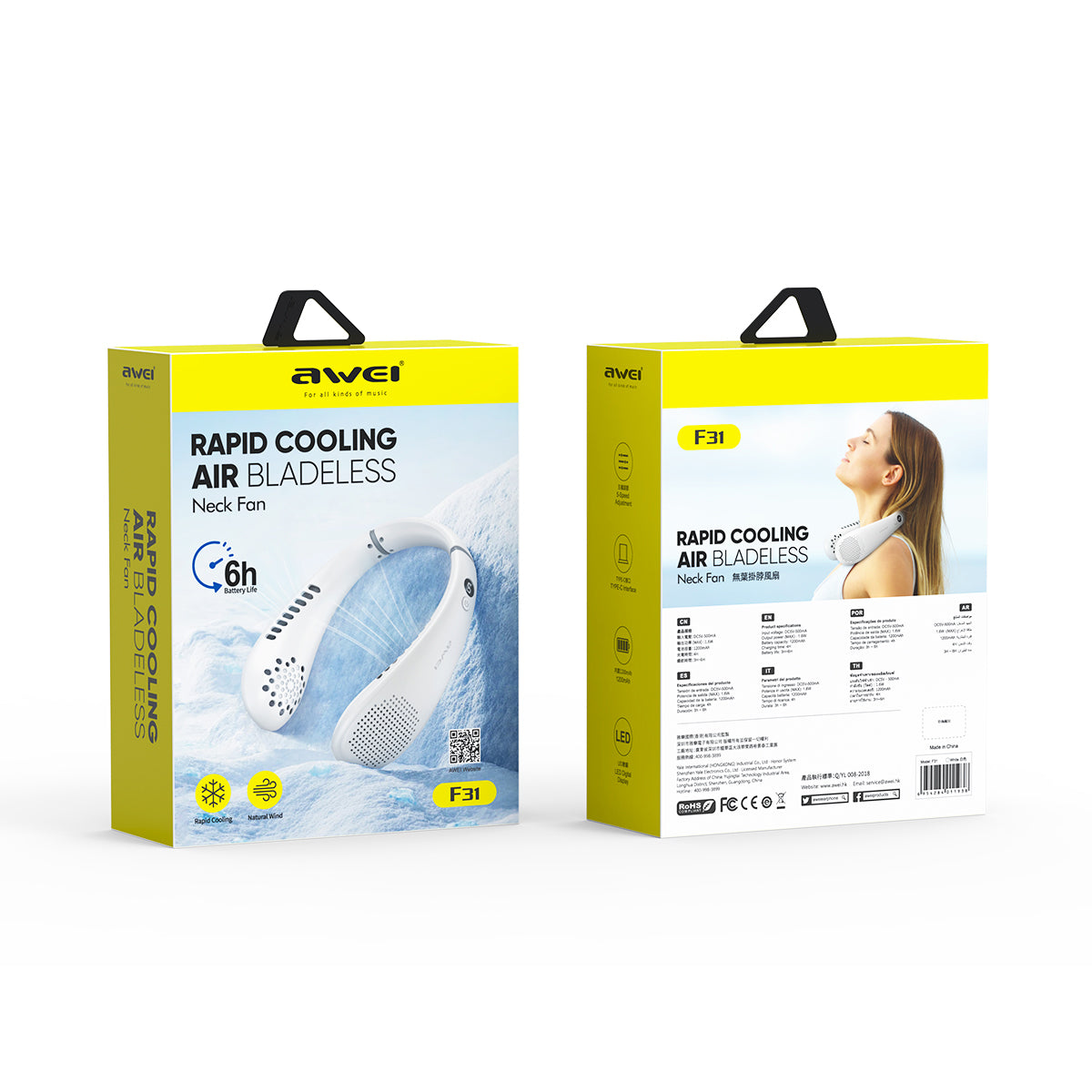 AWEI F31 Neck Hanging Neckband Fan 1200mAh Large Capacity, Five Wind Speed Levels