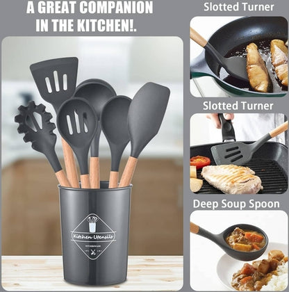 12-Piece Silicone Kitchen Utensil Set with Wooden Handles â€“ Non-Stick Cooking Tools, Spatula, Spoon