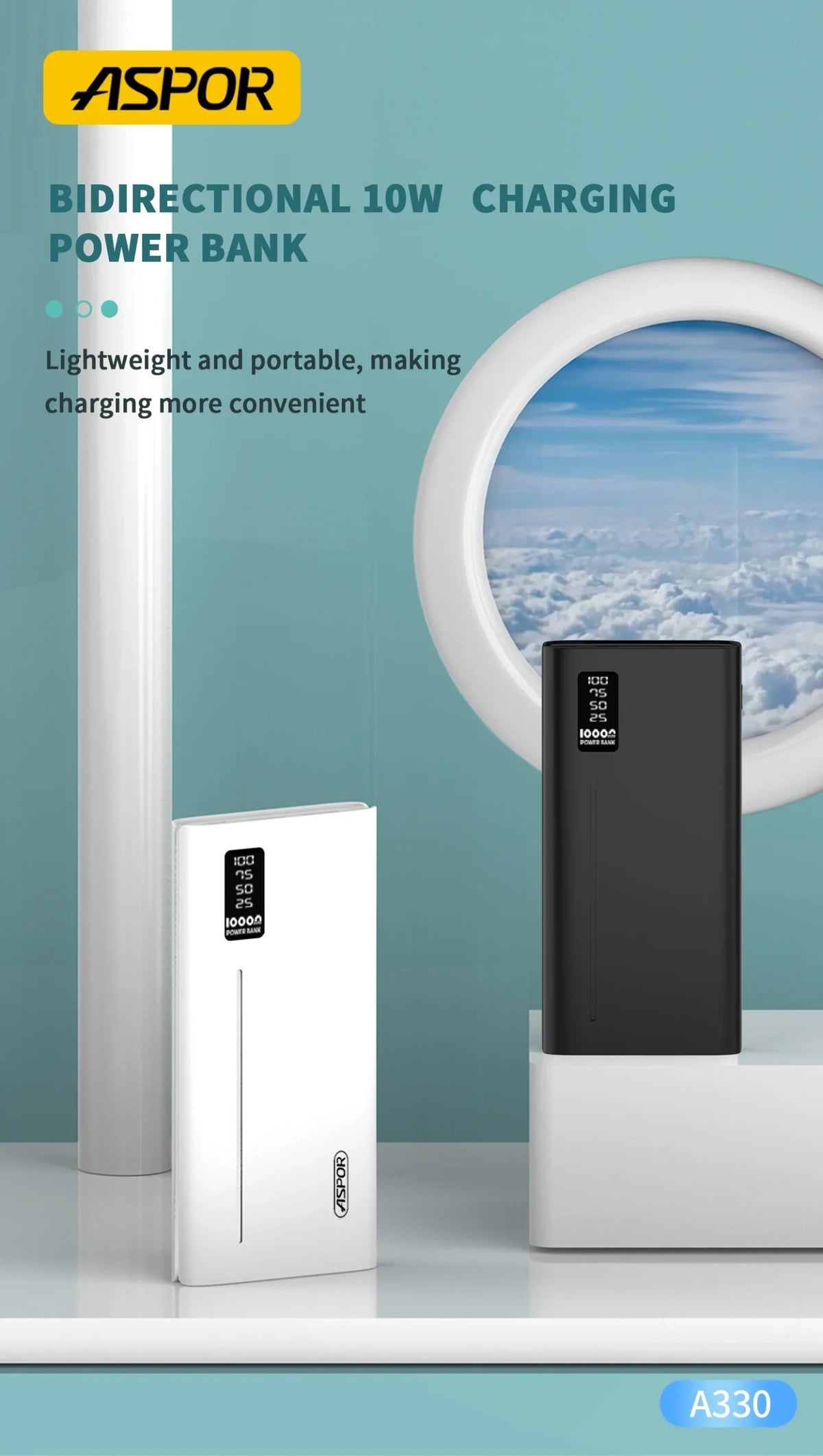 Aspor A330 10000mAh Original Powerbank with LED Display