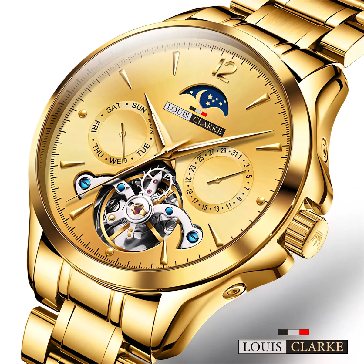 LOUIS CLARKE Fashion Brand Gold Steel Tourbillon Watch Men Sports Business Moon Phase Quartz Watches