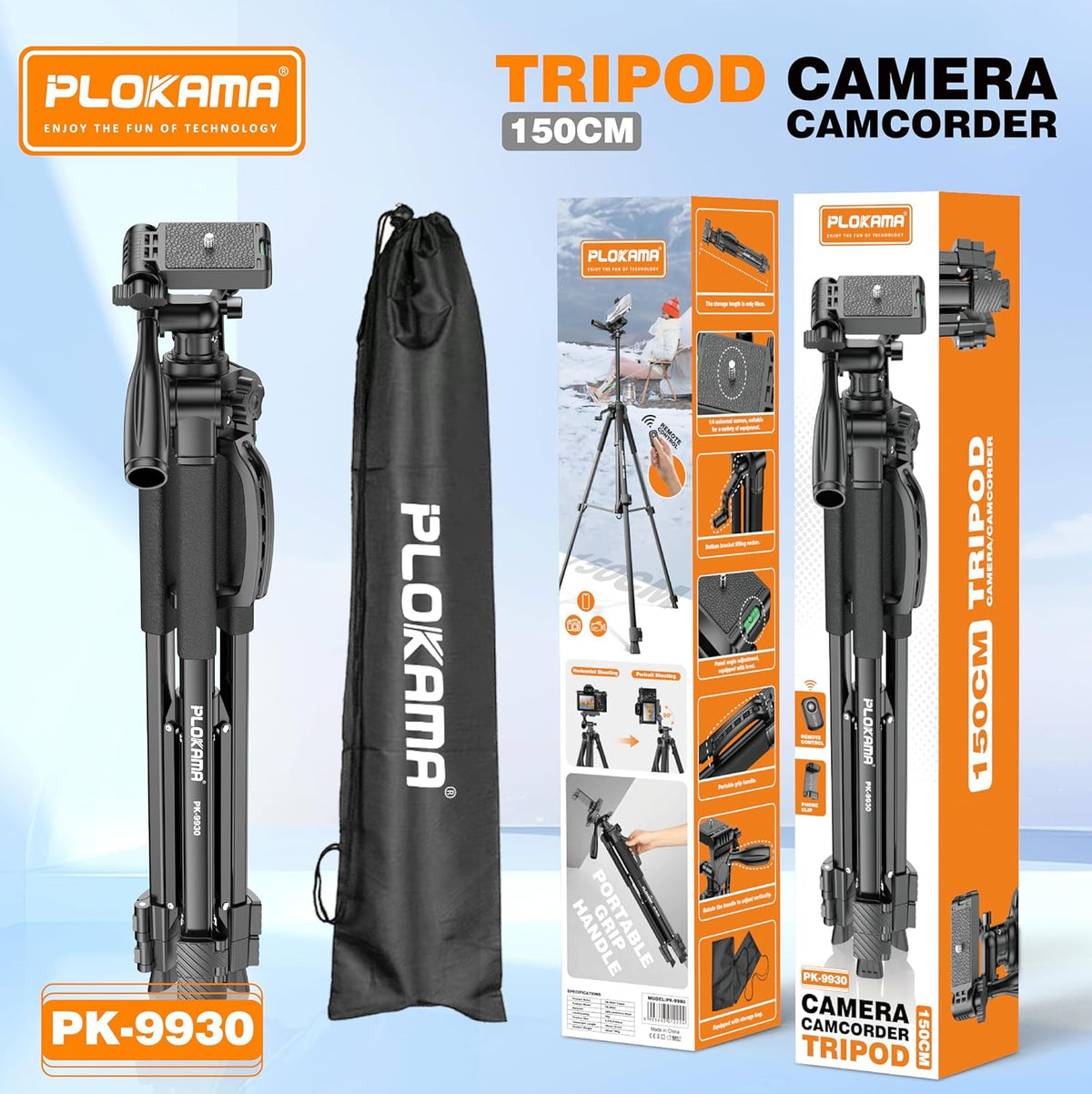 Plokama PK-9930 – 150CM Tall, 360° Rotating Tripod with Bluetooth Remote, Phone Holder & Carry Bag