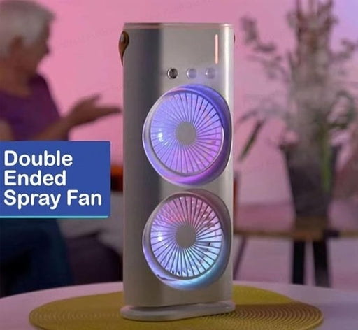 Double Ended Spray Fan with Mist Spray Function, USB Rechargeable Desk Fan