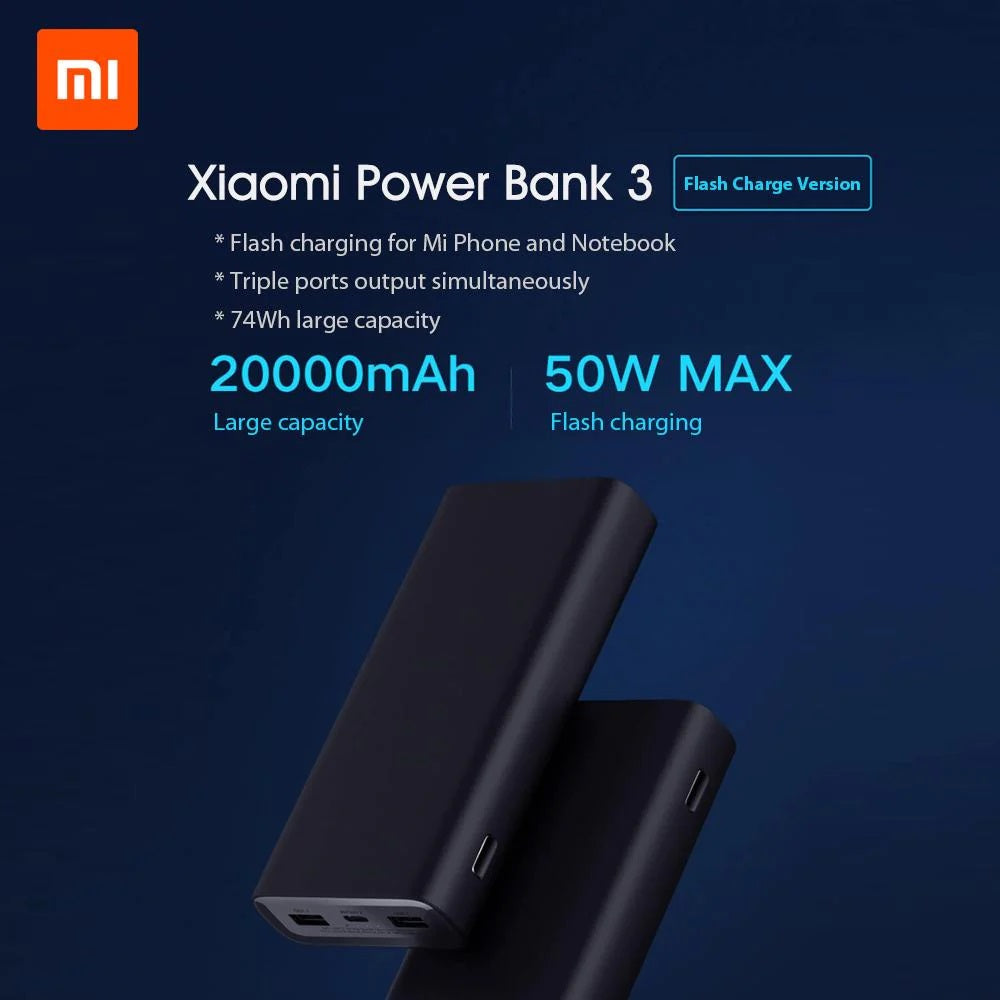 Xiaomi MI 50W Power Bank 20000mah, USB-C Input/Output Plus 2 USB-A Output, Charge 3 Devices Simultaneously, Output Up to 50W