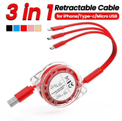 3-In-1 Retractable Fast Charging Cable – Type-C, Lightning & Micro USB, 10-20W with Digital Display