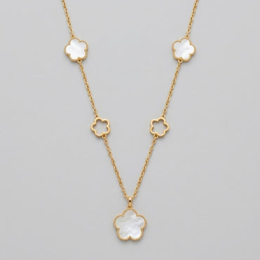 Elegant Gold Clover Necklace with Pearl Flower Motifs
