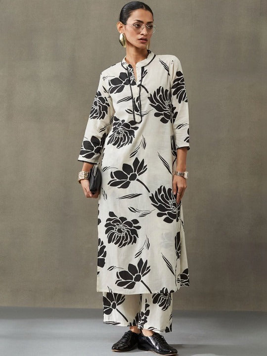 Contemporary Women Floral Printed Regular Gotta Patti Pure Cotton Kurta with Trousers