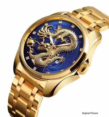 Men's Cool Stainless Steel Analog Quartz Watches Gold Dragon Fashion Casual Calendar Wrist Watch