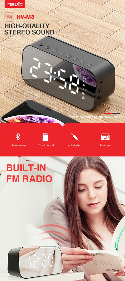 HAVIT M3 Portable Bluetooth Speaker Alarm Clock Wireless LED Display Temperature Support Aux TF USB Music Player