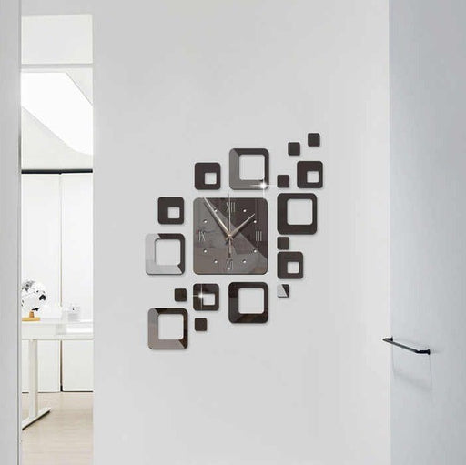 Fashion 3D DIY Novelty Modern Design Square Shape Sticker Acrylic Mirror Wall Clock -Black