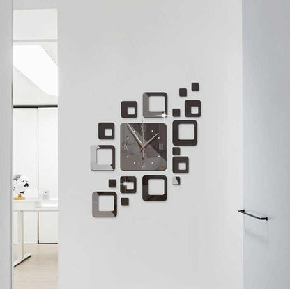 Fashion 3D DIY Novelty Modern Design Square Shape Sticker Acrylic Mirror Wall Clock -Black